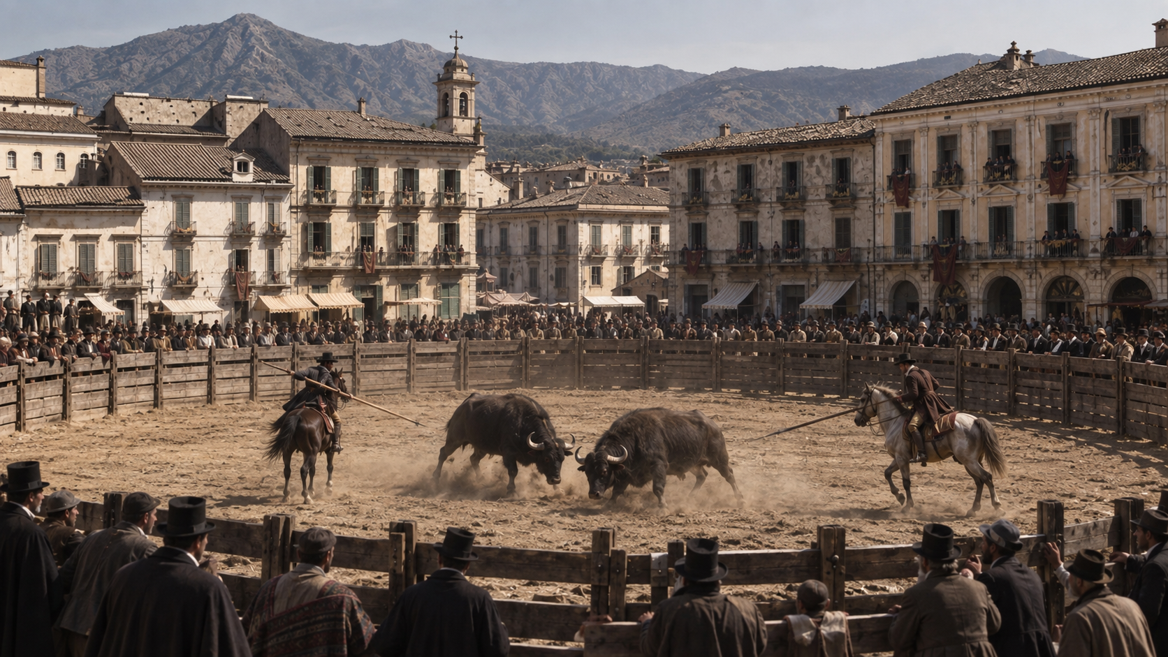 Una ricosttruzione della corrida o caccia ai bufali che si teneva nell'ottocento a piazza Principe Amedeo (oggi piazza Mazzini) nella città di Santa Maria Capua Vetere